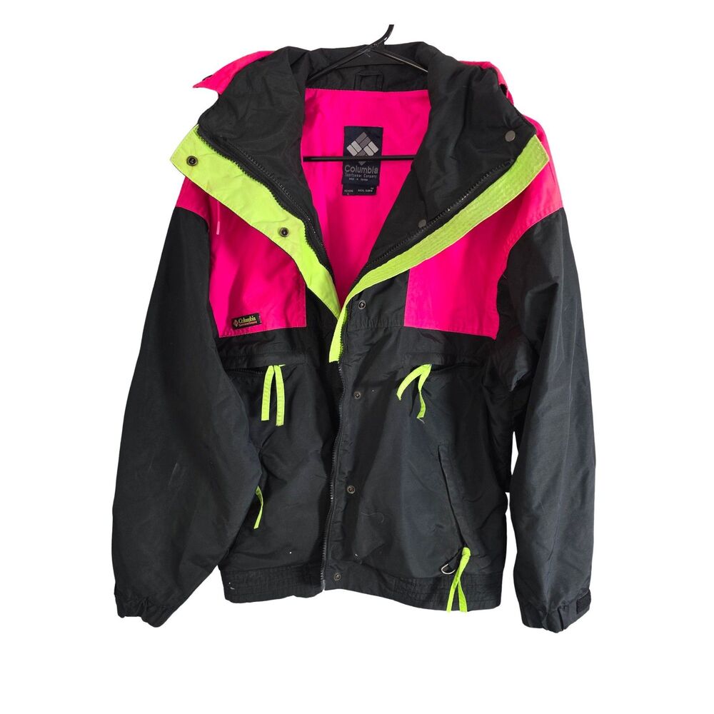 Vintage 90s Columbia Radial Sleeve Neon Pink Green Black Jacket Womens L